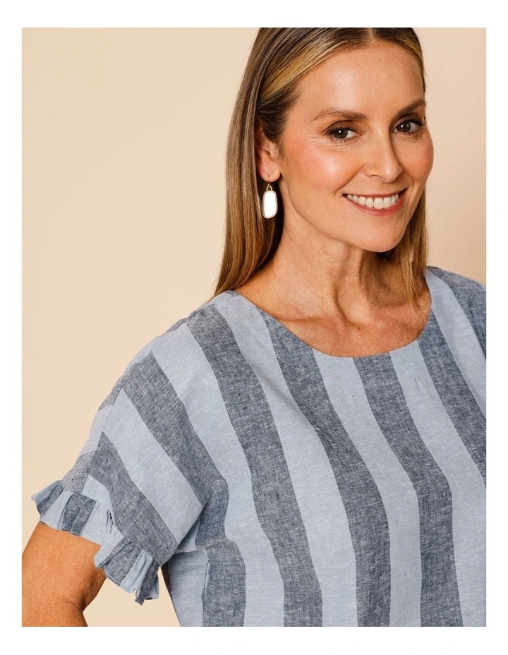 Frill Short Sleeve Vertical Stripe Top In Blues image 5