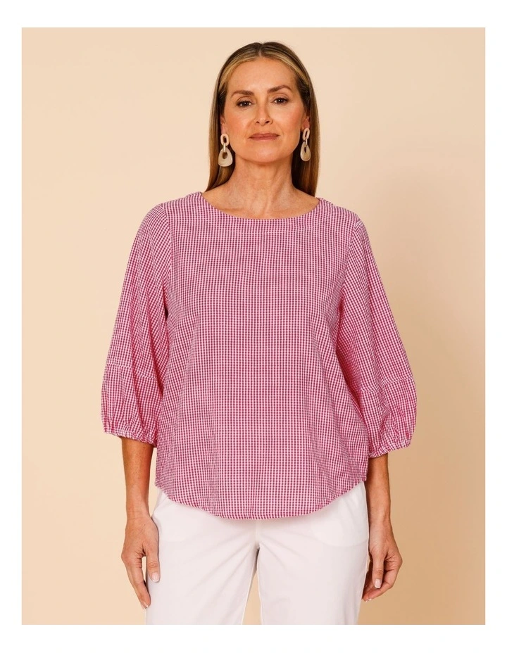 Lantern Sleeve Top In Pink/White Mini Gingham image 1