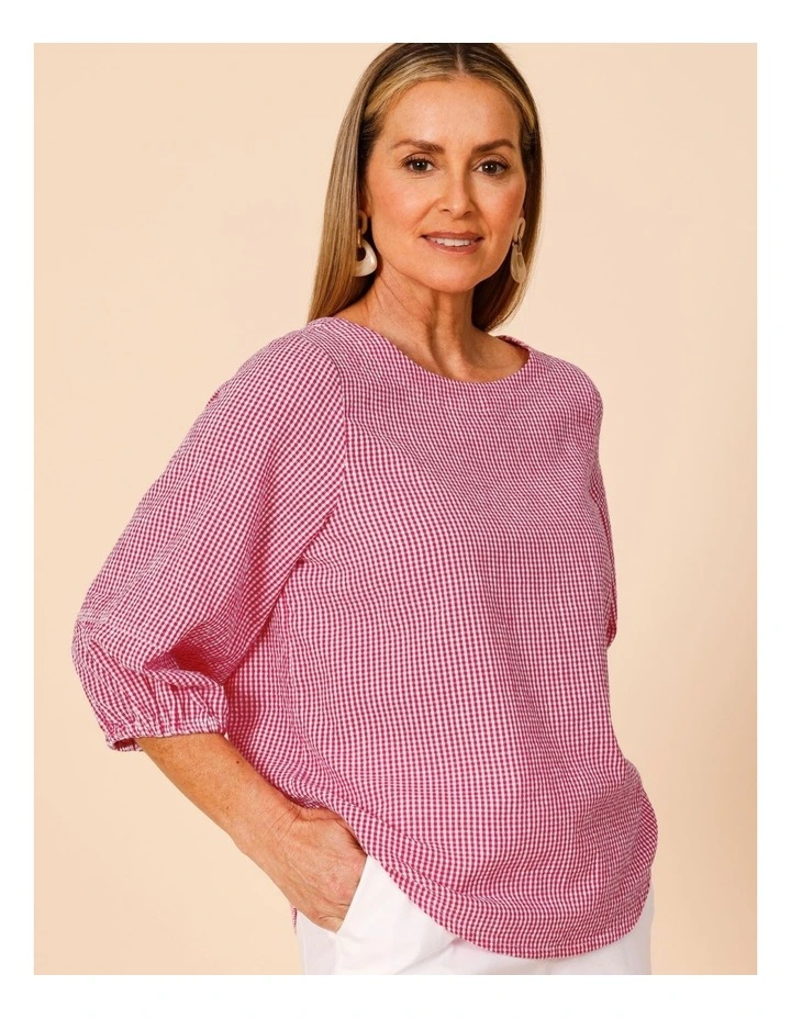 Lantern Sleeve Top In Pink/White Mini Gingham image 2