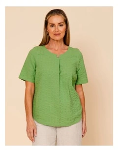 Short Sleeve Top With Button Neck In Green