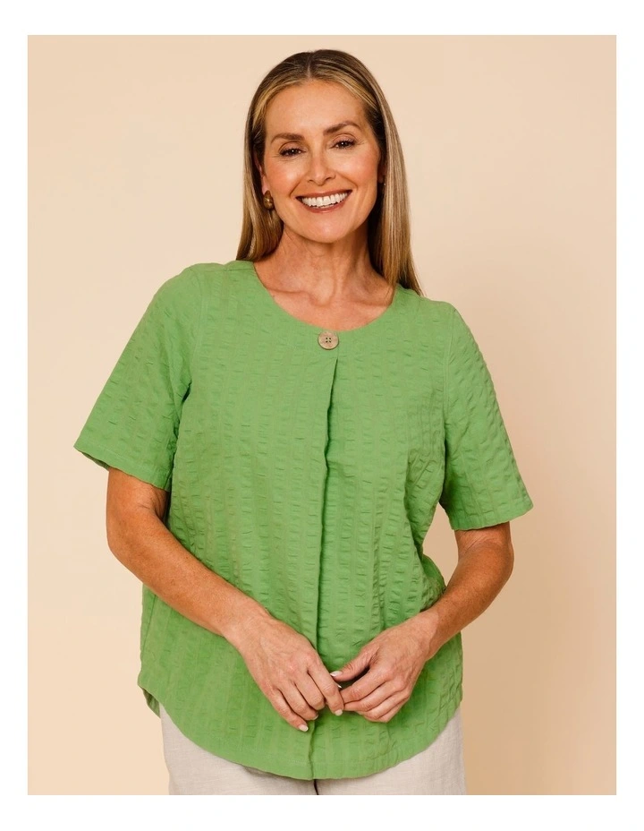 Short Sleeve Top With Button Neck In Green image 4
