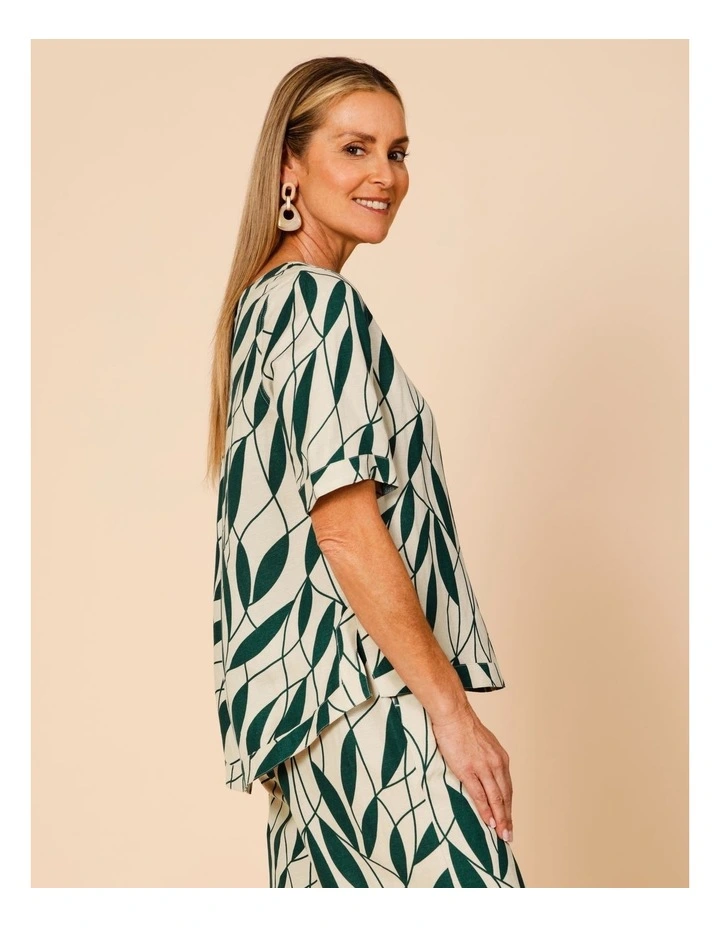 Short Sleeve Top With Curved Back Hem In Neutral/Forest Leaf Print image 1