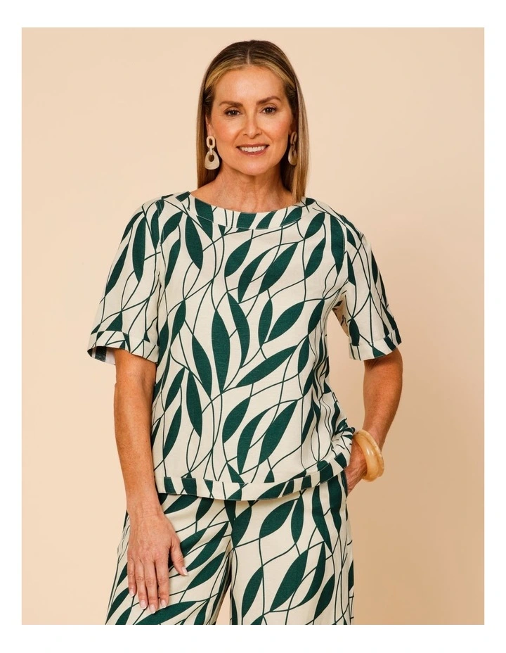 Short Sleeve Top With Curved Back Hem In Neutral/Forest Leaf Print image 2