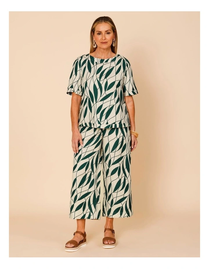 Short Sleeve Top With Curved Back Hem In Neutral/Forest Leaf Print image 3