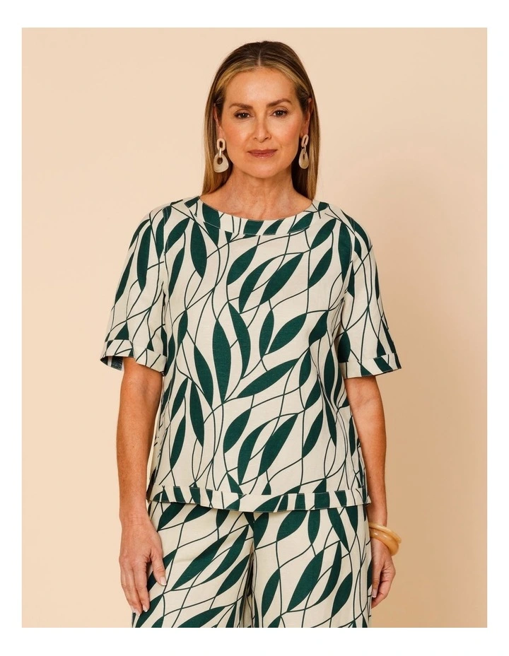 Short Sleeve Top With Curved Back Hem In Neutral/Forest Leaf Print image 5