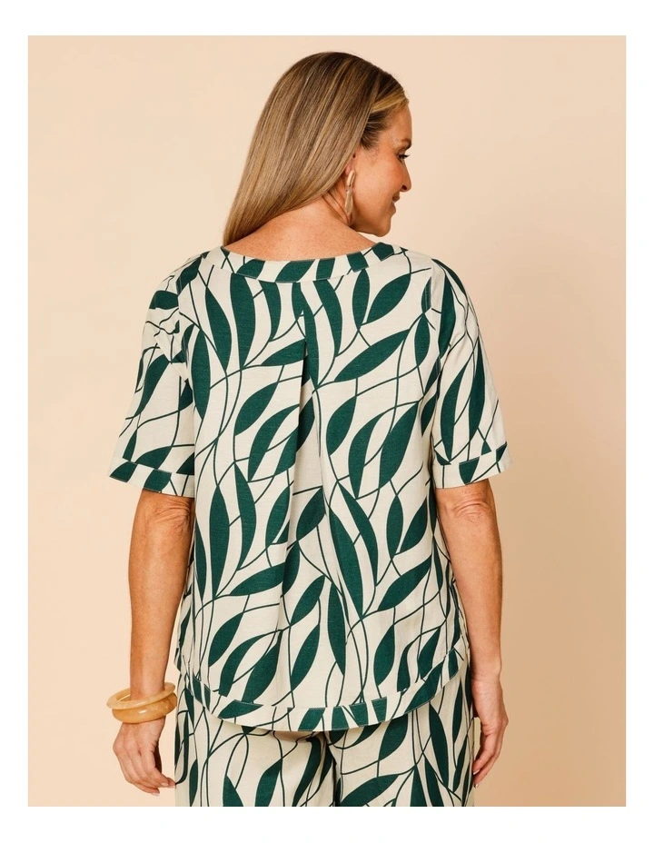 Short Sleeve Top With Curved Back Hem In Neutral/Forest Leaf Print image 6