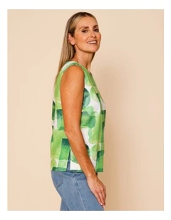 Sleeveless Shell Top With Deep Hem In Green Watercolour Geometric