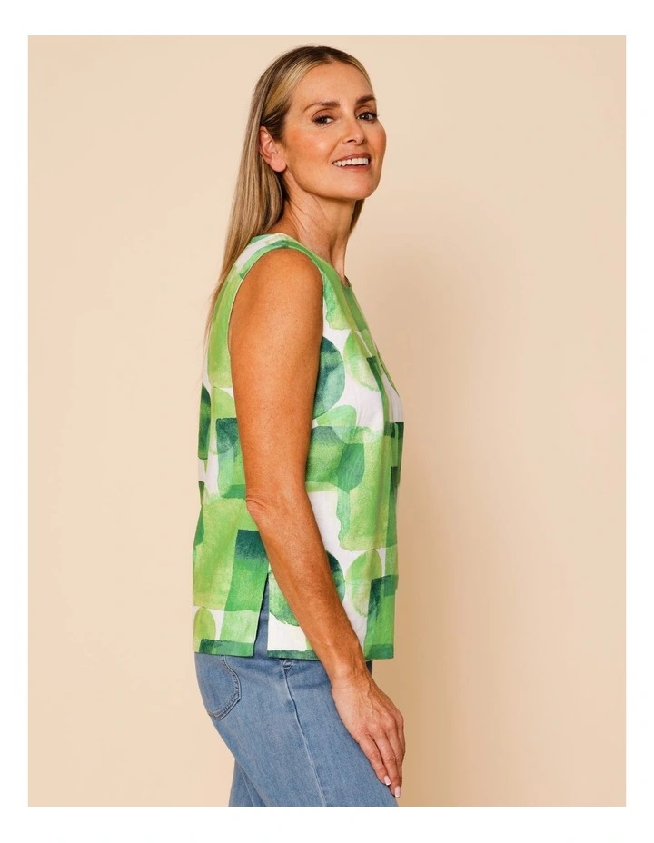 Sleeveless Shell Top With Deep Hem In Green Watercolour Geometric image 1