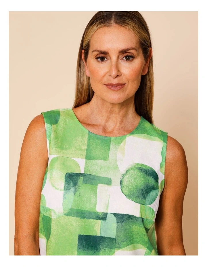 Sleeveless Shell Top With Deep Hem In Green Watercolour Geometric image 2