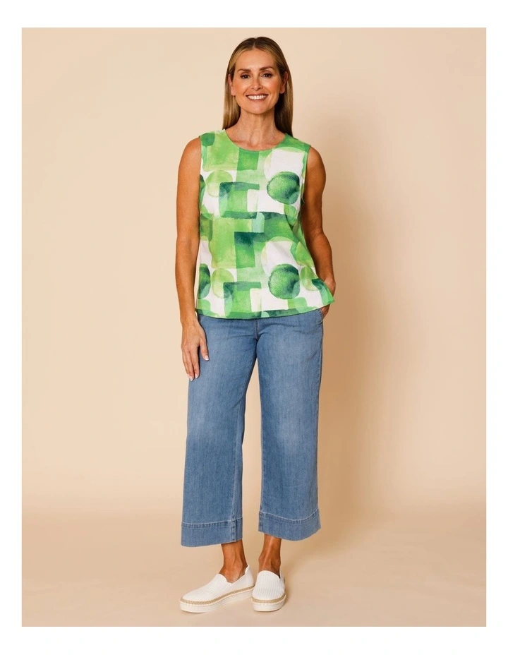 Sleeveless Shell Top With Deep Hem In Green Watercolour Geometric image 3