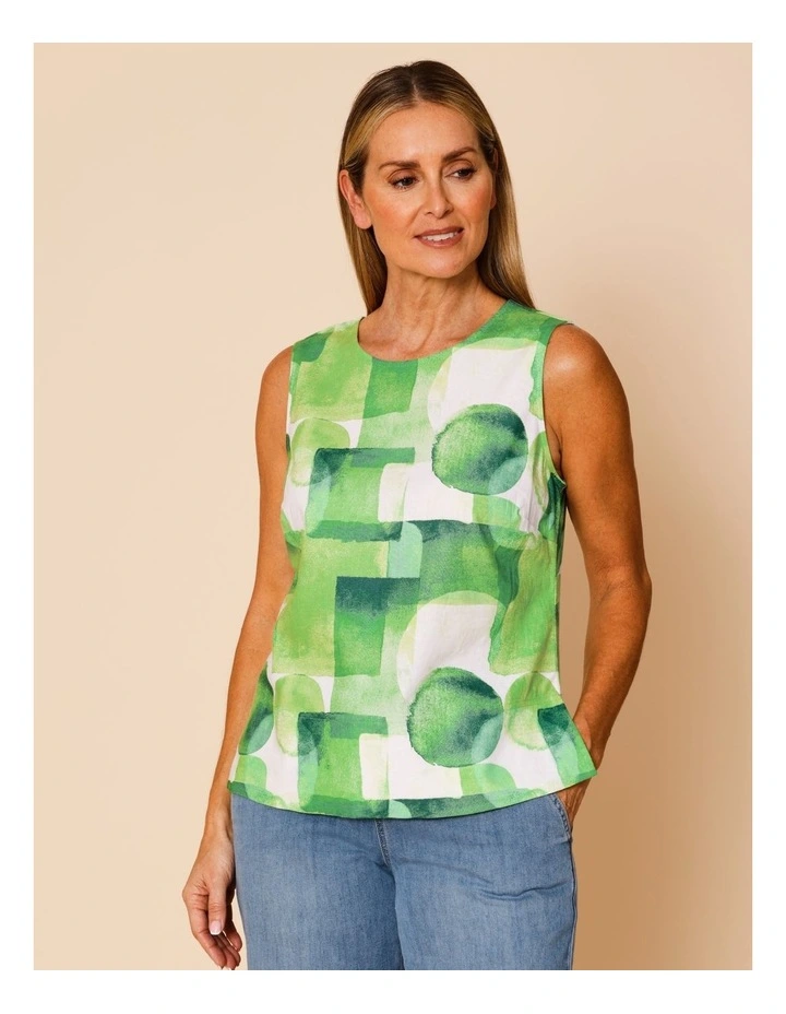 Sleeveless Shell Top With Deep Hem In Green Watercolour Geometric image 4