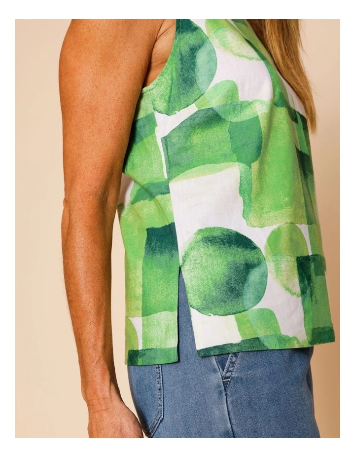 Sleeveless Shell Top With Deep Hem In Green Watercolour Geometric image 5