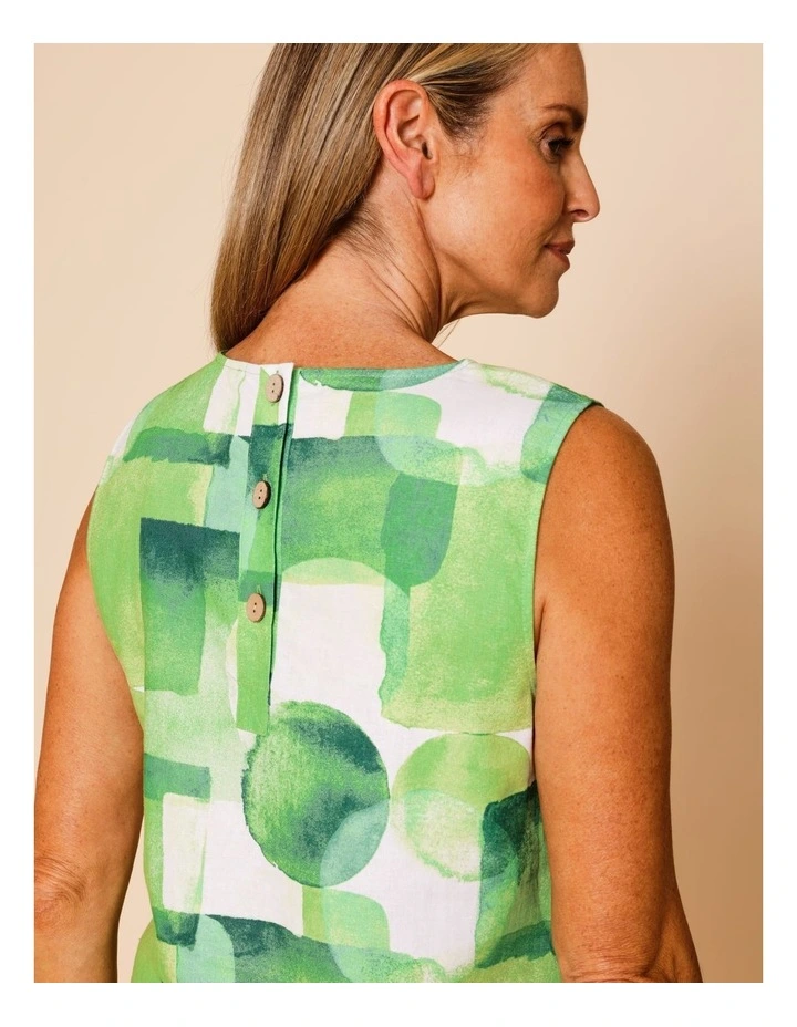 Sleeveless Shell Top With Deep Hem In Green Watercolour Geometric image 7