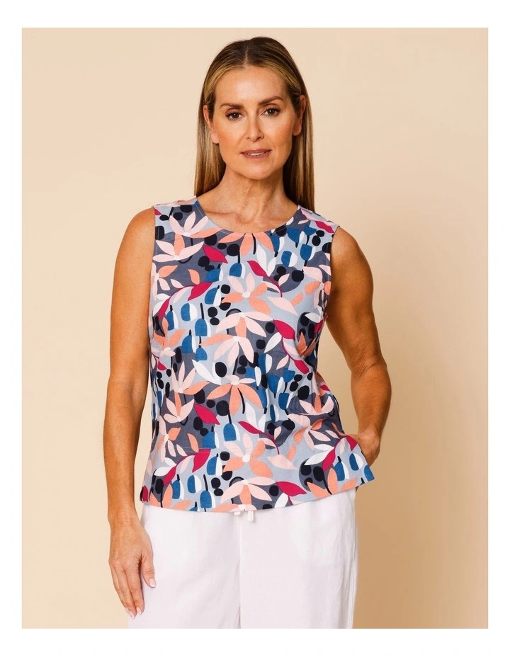 Sleeveless Shell Top With Deep Hem In Pinks/Blues Stylised Floral image 2