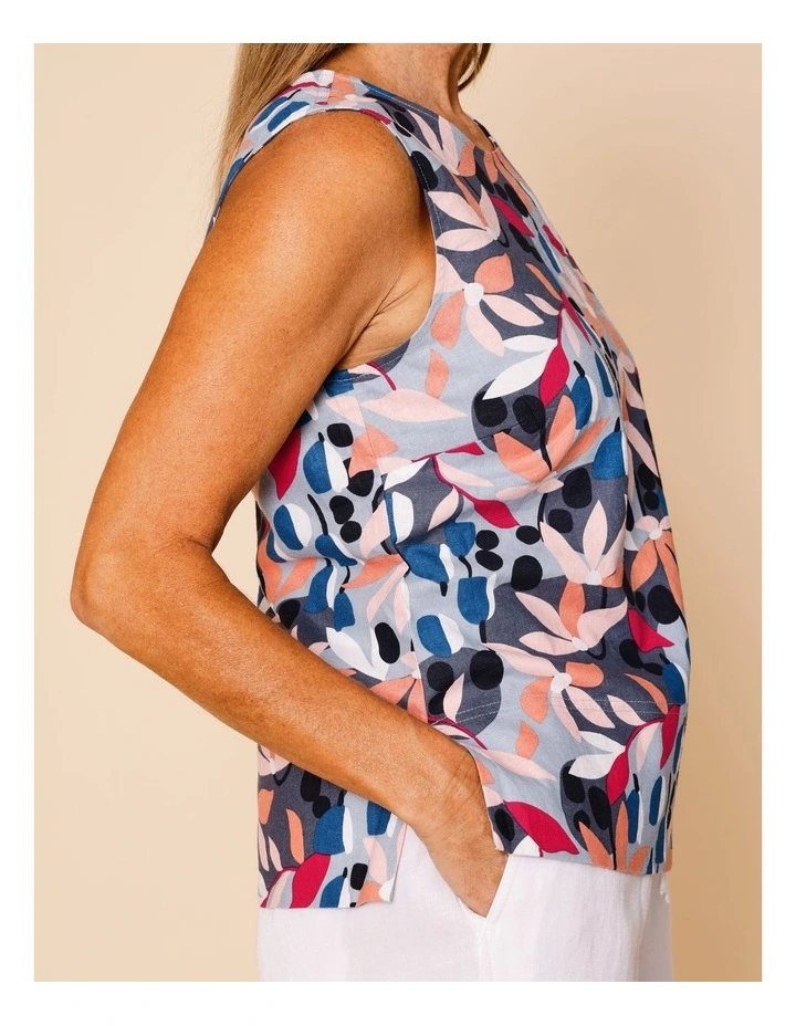 Sleeveless Shell Top With Deep Hem In Pinks/Blues Stylised Floral image 6