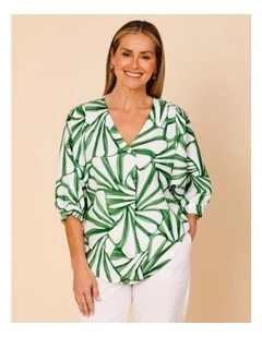 V-neck 3/4 Sleeve Full Sleeve Top In Green/White Tropical Leaf Print