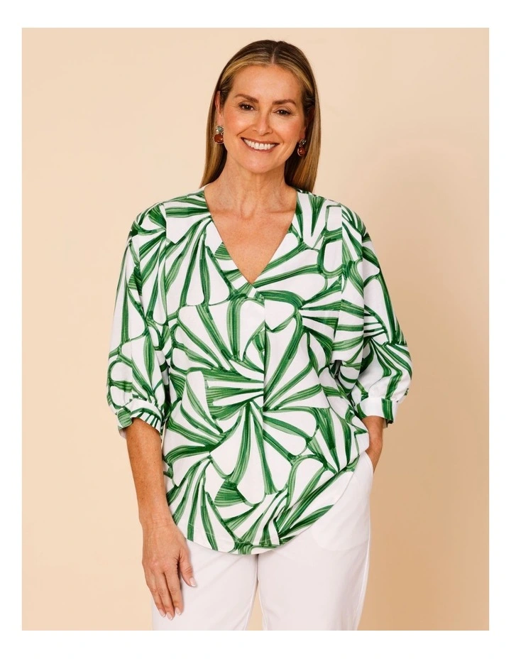 V-neck 3/4 Sleeve Full Sleeve Top In Green/White Tropical Leaf Print image 1