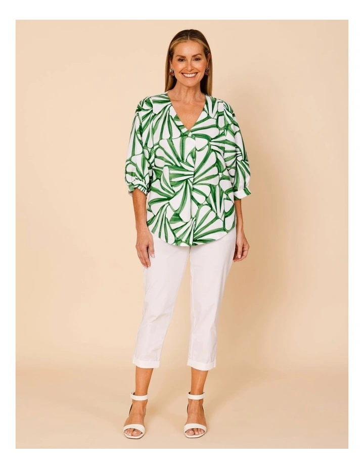 V-neck 3/4 Sleeve Full Sleeve Top In Green/White Tropical Leaf Print image 2