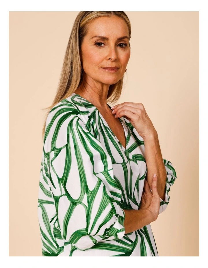 V-neck 3/4 Sleeve Full Sleeve Top In Green/White Tropical Leaf Print image 3