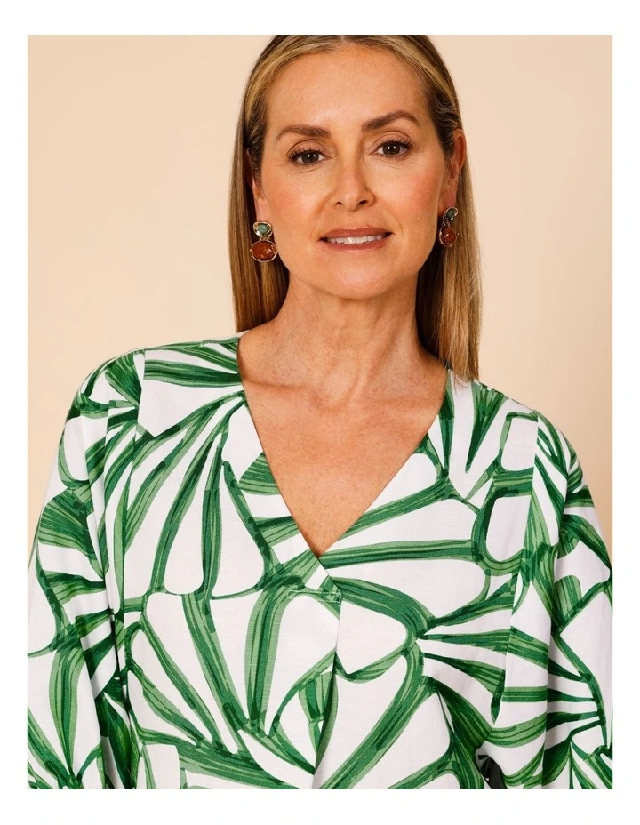 V-neck 3/4 Sleeve Full Sleeve Top In Green/White Tropical Leaf Print image 4