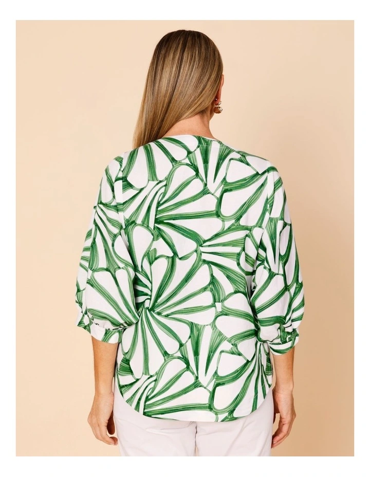 V-neck 3/4 Sleeve Full Sleeve Top In Green/White Tropical Leaf Print image 5