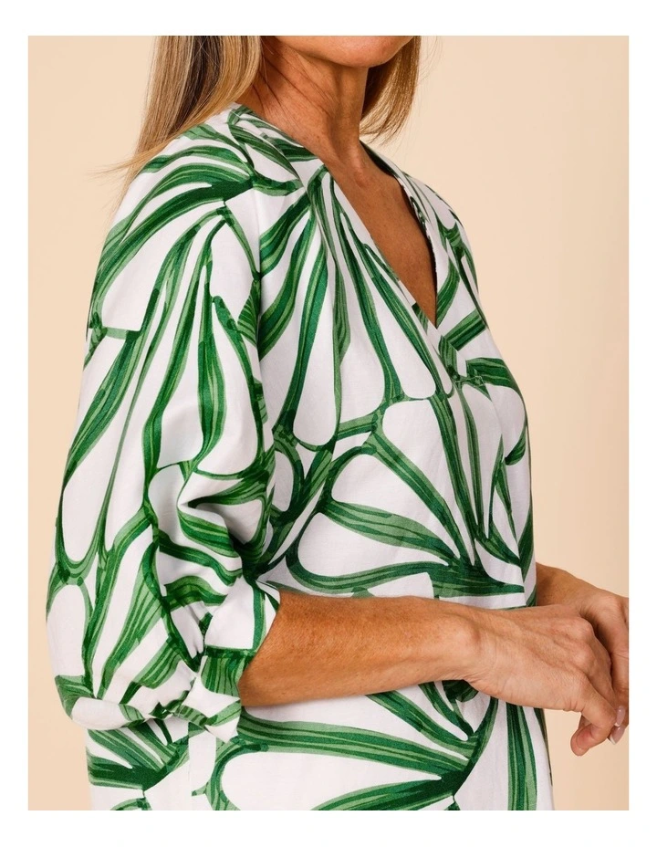 V-neck 3/4 Sleeve Full Sleeve Top In Green/White Tropical Leaf Print image 6
