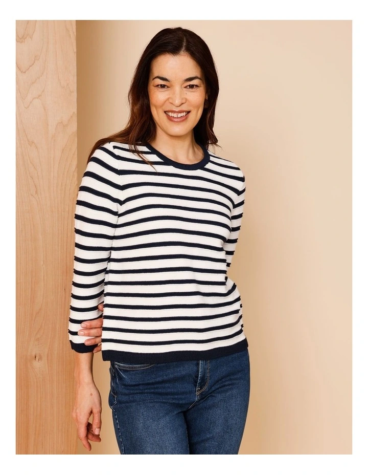 Organic Cotton Boat Neck Button Shoulder Jumper With Curved Hem in Navy/Ivory Stripe image 1