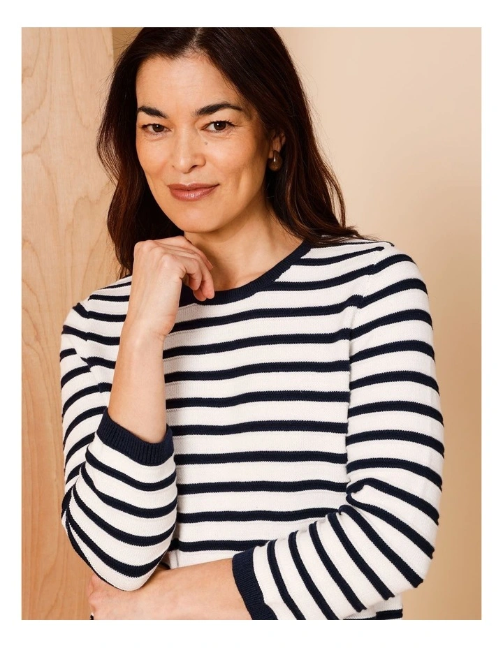 Organic Cotton Boat Neck Button Shoulder Jumper With Curved Hem in Navy/Ivory Stripe image 2