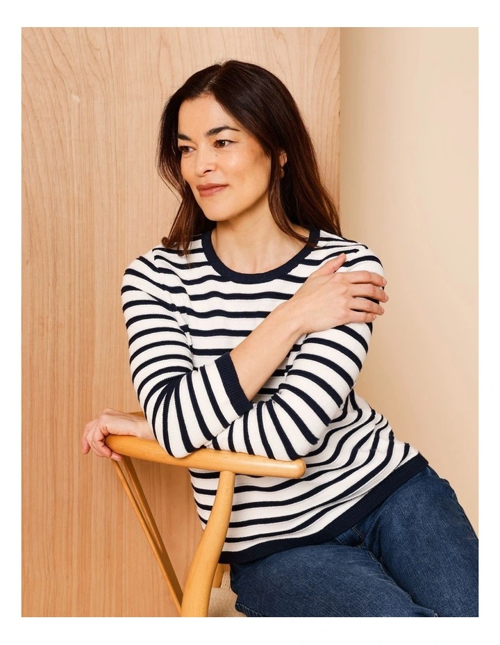 Organic Cotton Boat Neck Button Shoulder Jumper With Curved Hem in Navy/Ivory Stripe image 3