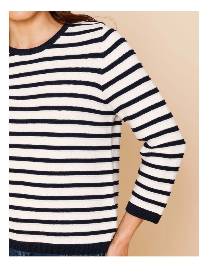 Organic Cotton Boat Neck Button Shoulder Jumper With Curved Hem in Navy/Ivory Stripe image 4