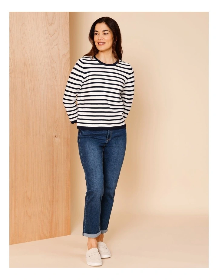 Organic Cotton Boat Neck Button Shoulder Jumper With Curved Hem in Navy/Ivory Stripe image 5