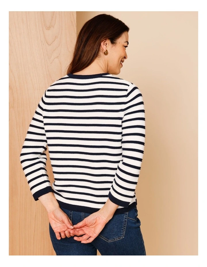 Organic Cotton Boat Neck Button Shoulder Jumper With Curved Hem in Navy/Ivory Stripe image 6