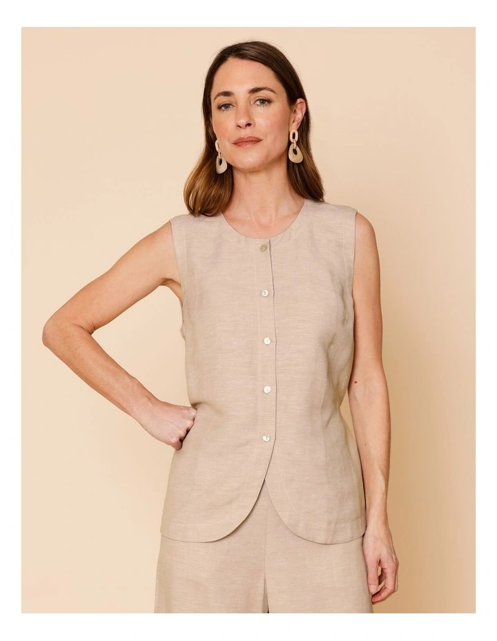 Sleeveless Button Through Vest In Oatmeal Crossdye image 1