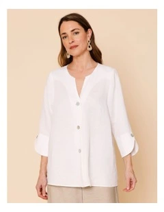 3/4 Sleeve Notch Neck Shirt With Button Cuff In White