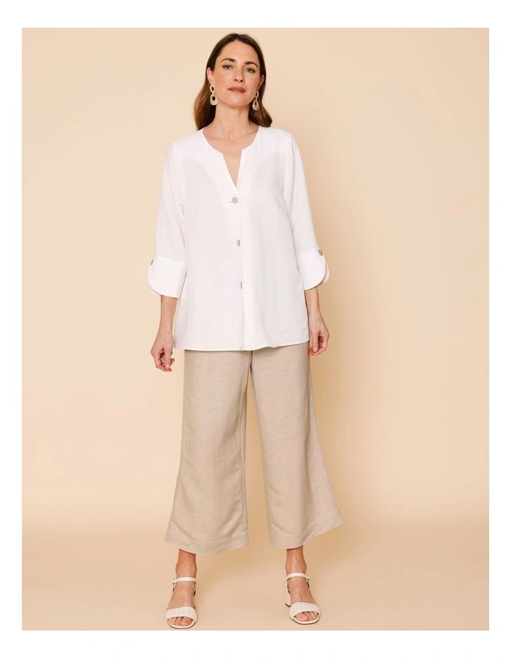 3/4 Sleeve Notch Neck Shirt With Button Cuff In White image 2