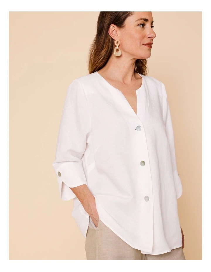 3/4 Sleeve Notch Neck Shirt With Button Cuff In White image 3