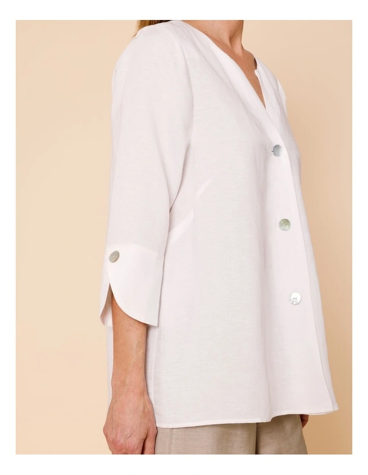 3/4 Sleeve Notch Neck Shirt With Button Cuff In White image 4