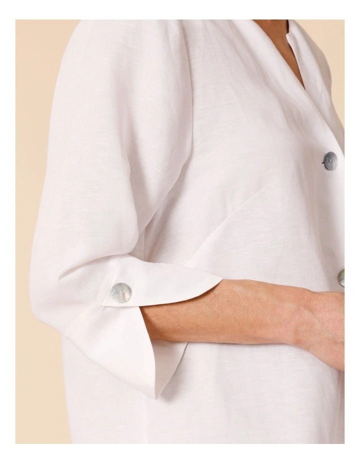 3/4 Sleeve Notch Neck Shirt With Button Cuff In White image 5