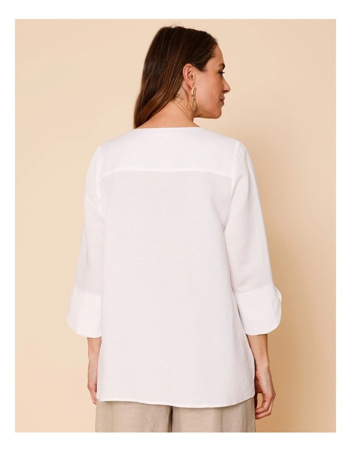 3/4 Sleeve Notch Neck Shirt With Button Cuff In White image 6