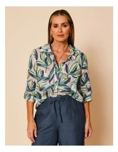 Button Through Rami Shirt With Rolled Sleeve In Neutral Ground Tropical