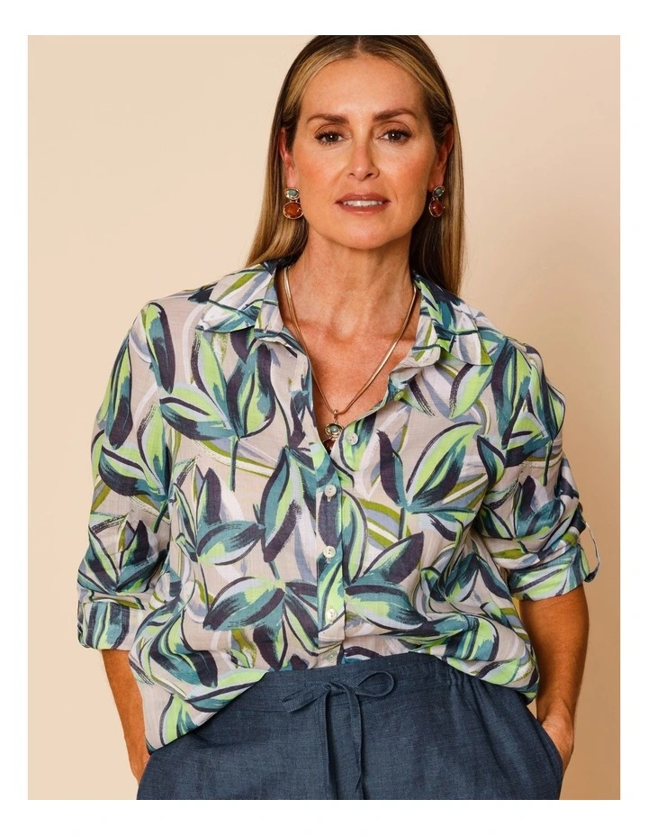 Button Through Rami Shirt With Rolled Sleeve In Neutral Ground Tropical image 2