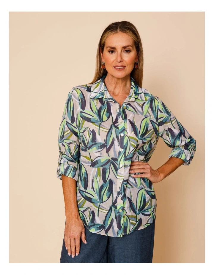Button Through Rami Shirt With Rolled Sleeve In Neutral Ground Tropical image 3