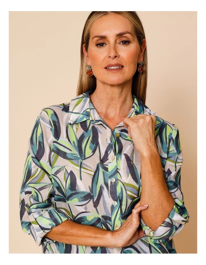 Button Through Rami Shirt With Rolled Sleeve In Neutral Ground Tropical image 4