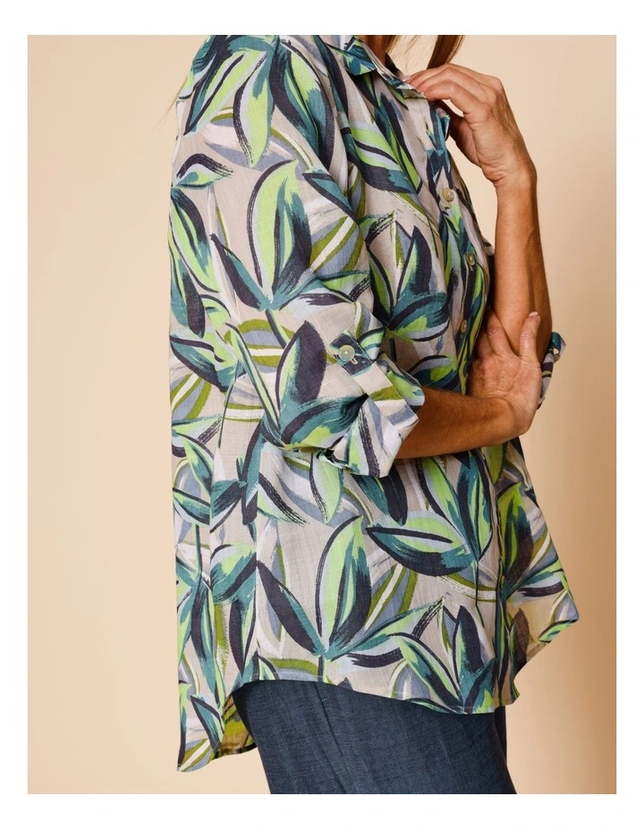 Button Through Rami Shirt With Rolled Sleeve In Neutral Ground Tropical image 5