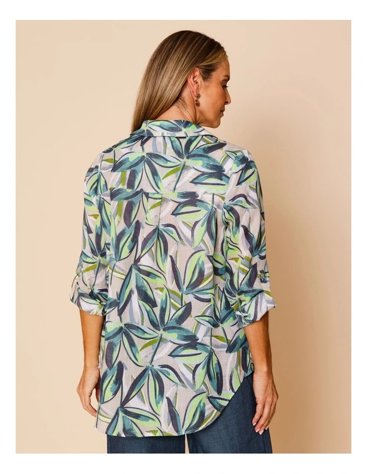 Button Through Rami Shirt With Rolled Sleeve In Neutral Ground Tropical image 6