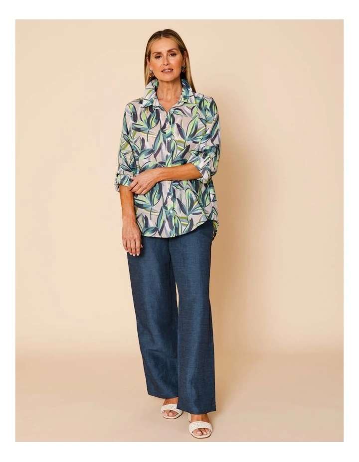 Button Through Rami Shirt With Rolled Sleeve In Neutral Ground Tropical image 7