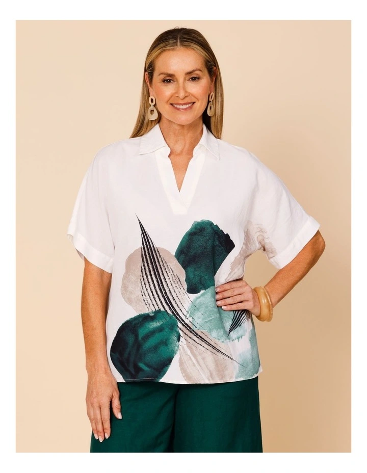 Short Sleeve Collared Pop Over Shirt In White With Green Abstract Boarder Print image 1