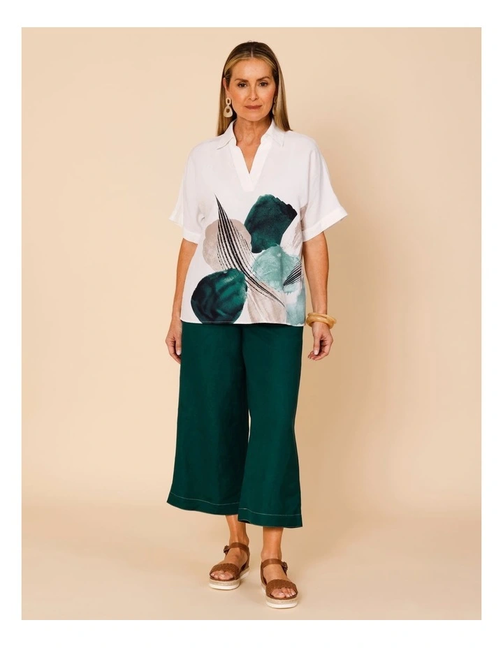 Short Sleeve Collared Pop Over Shirt In White With Green Abstract Boarder Print image 2