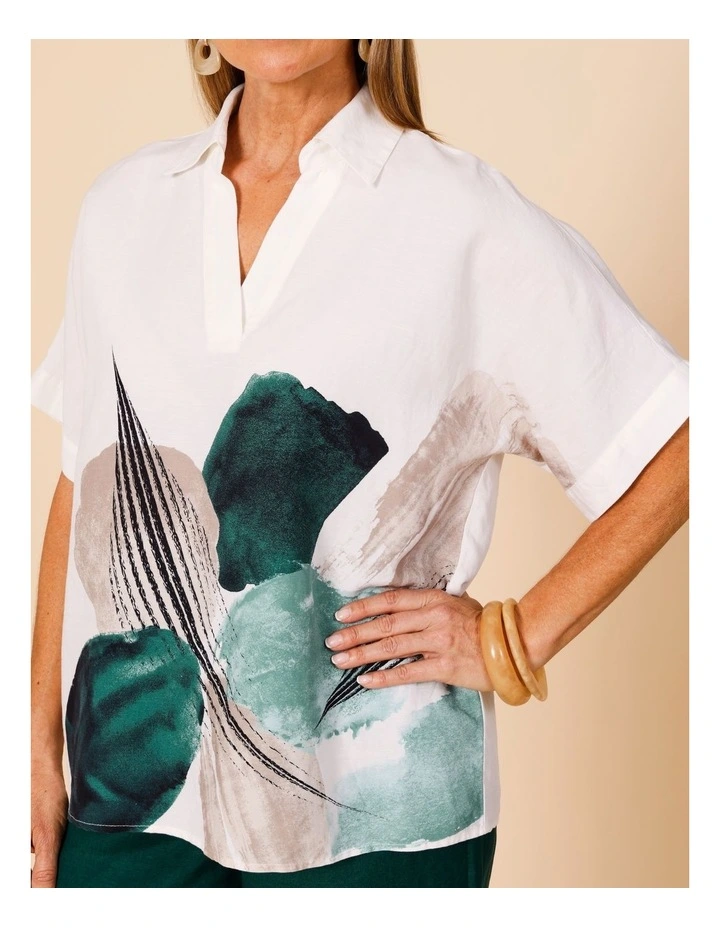 Short Sleeve Collared Pop Over Shirt In White With Green Abstract Boarder Print image 3
