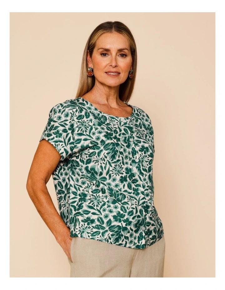 Cap Sleeve Button Through Top In Green Floral image 1